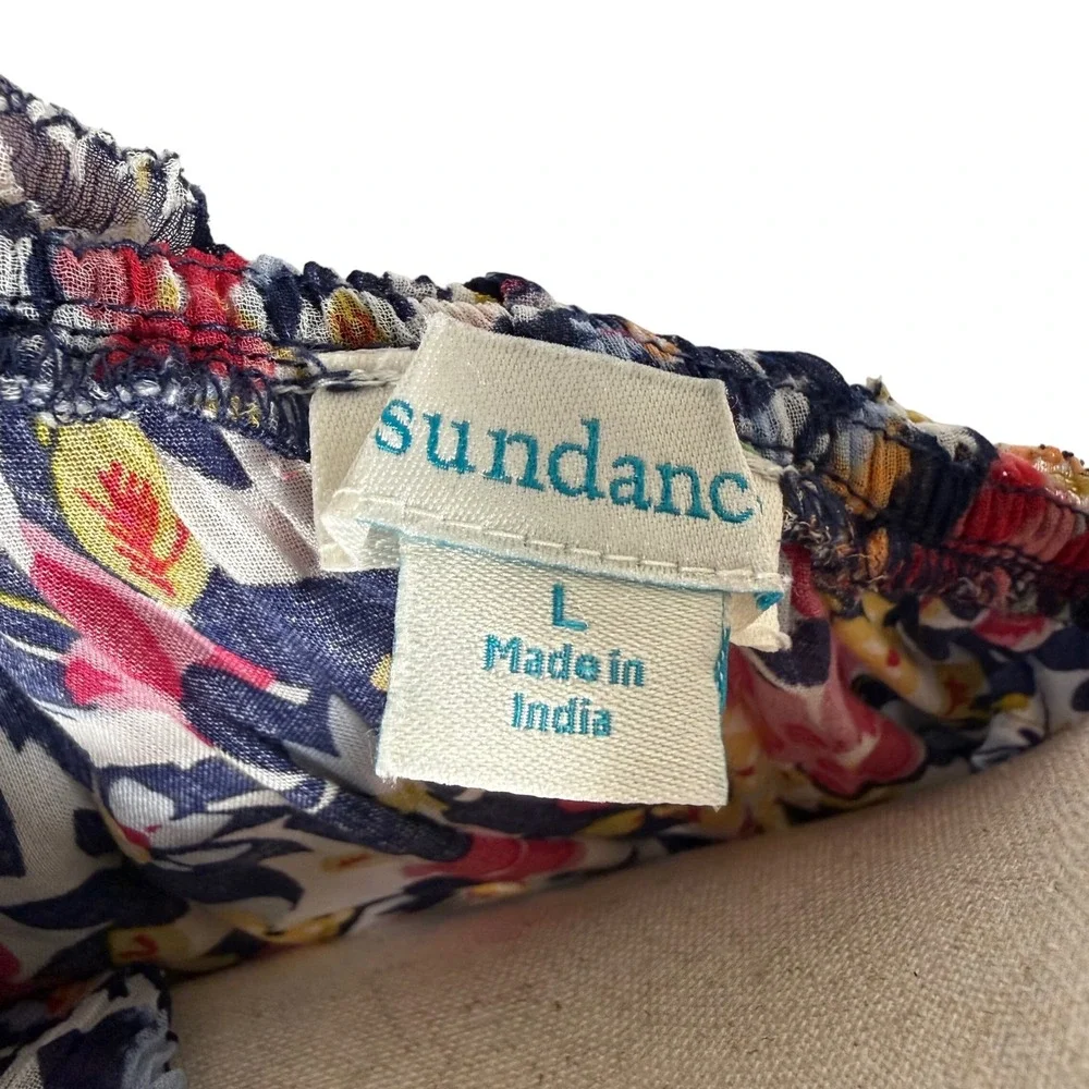 Sundance Floral Cupro Midi Dress Blue Red‎ Smocked Waist Short Sleeve Womens L